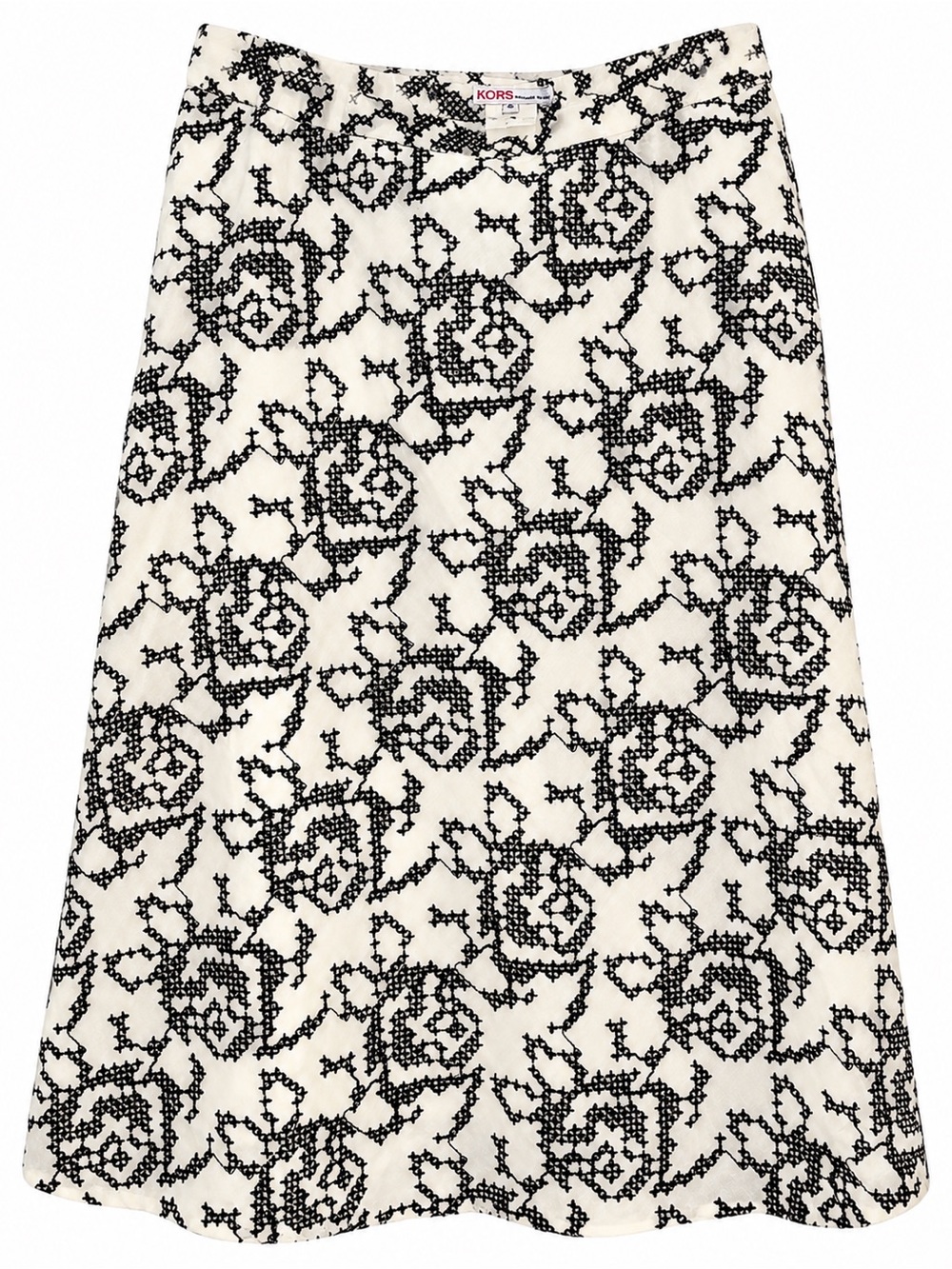 KORS Michael Kors Black Cream Floral Embroidered Cotton Midi Skirt Size 8 - Picture 1 of 5